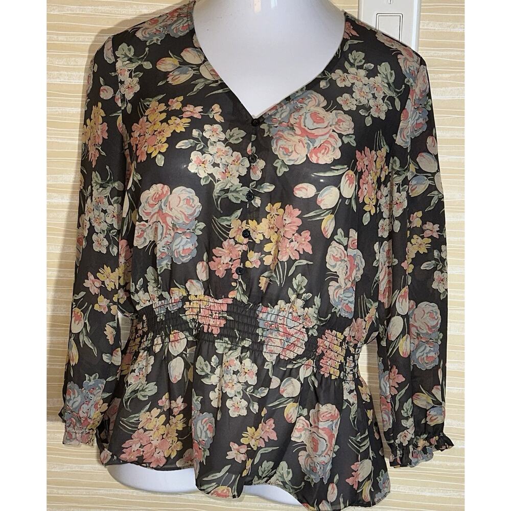 CHAPS Women's Floral Sheer Long Sleeve Peasant Blouse M 0637